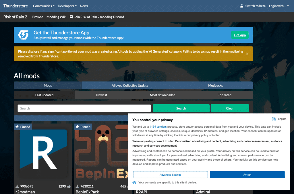thunderstore.io homepage screenshot