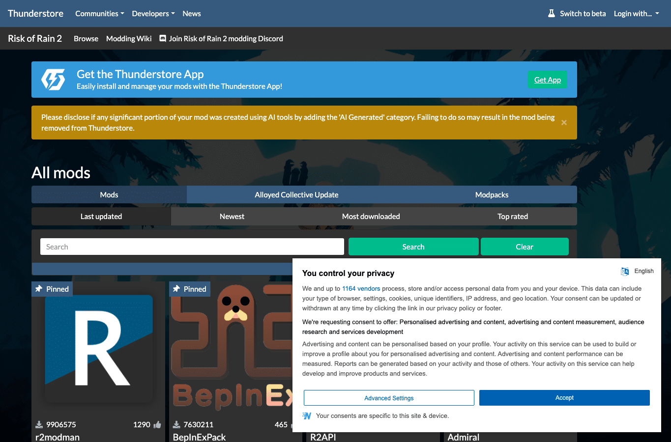 Screenshot preview of thunderstore.io