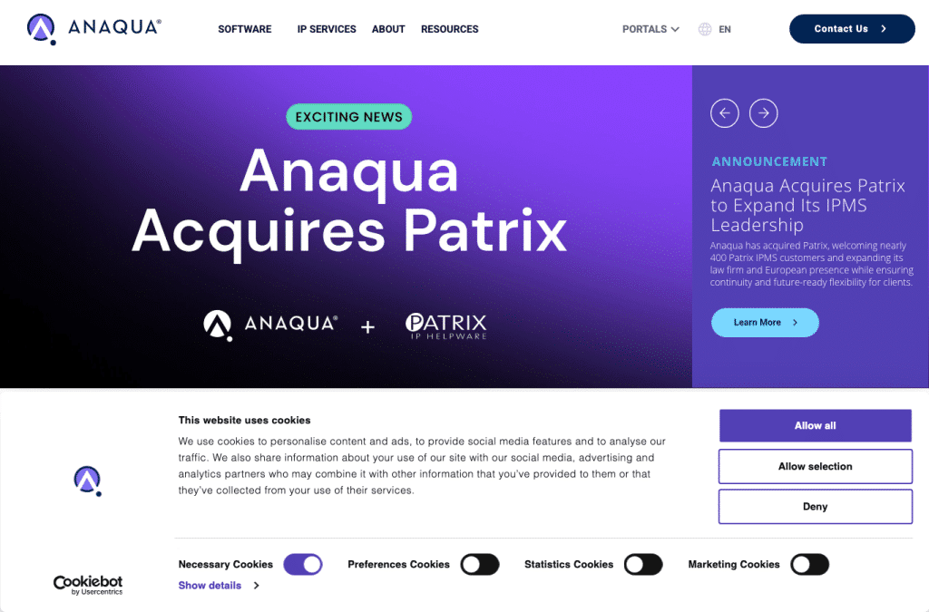 anaqua.com homepage screenshot