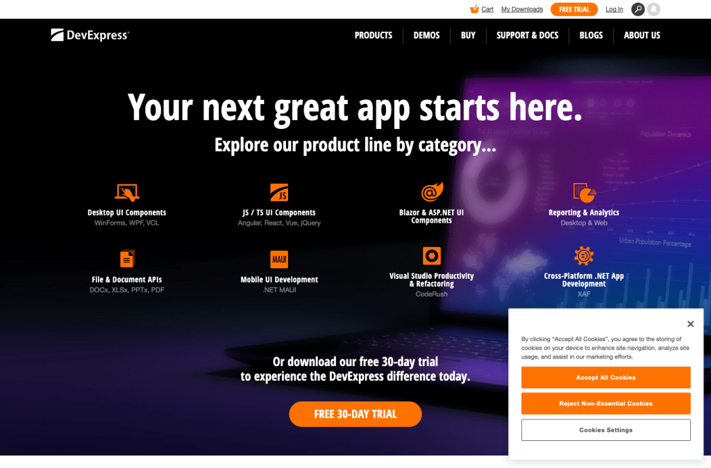 devexpress.com homepage screenshot