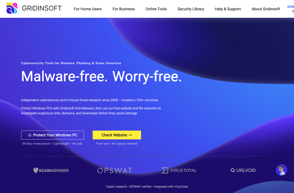 gridinsoft.com homepage screenshot