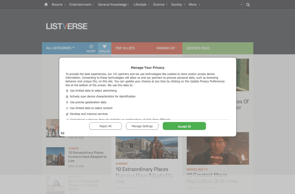 listverse.com homepage screenshot