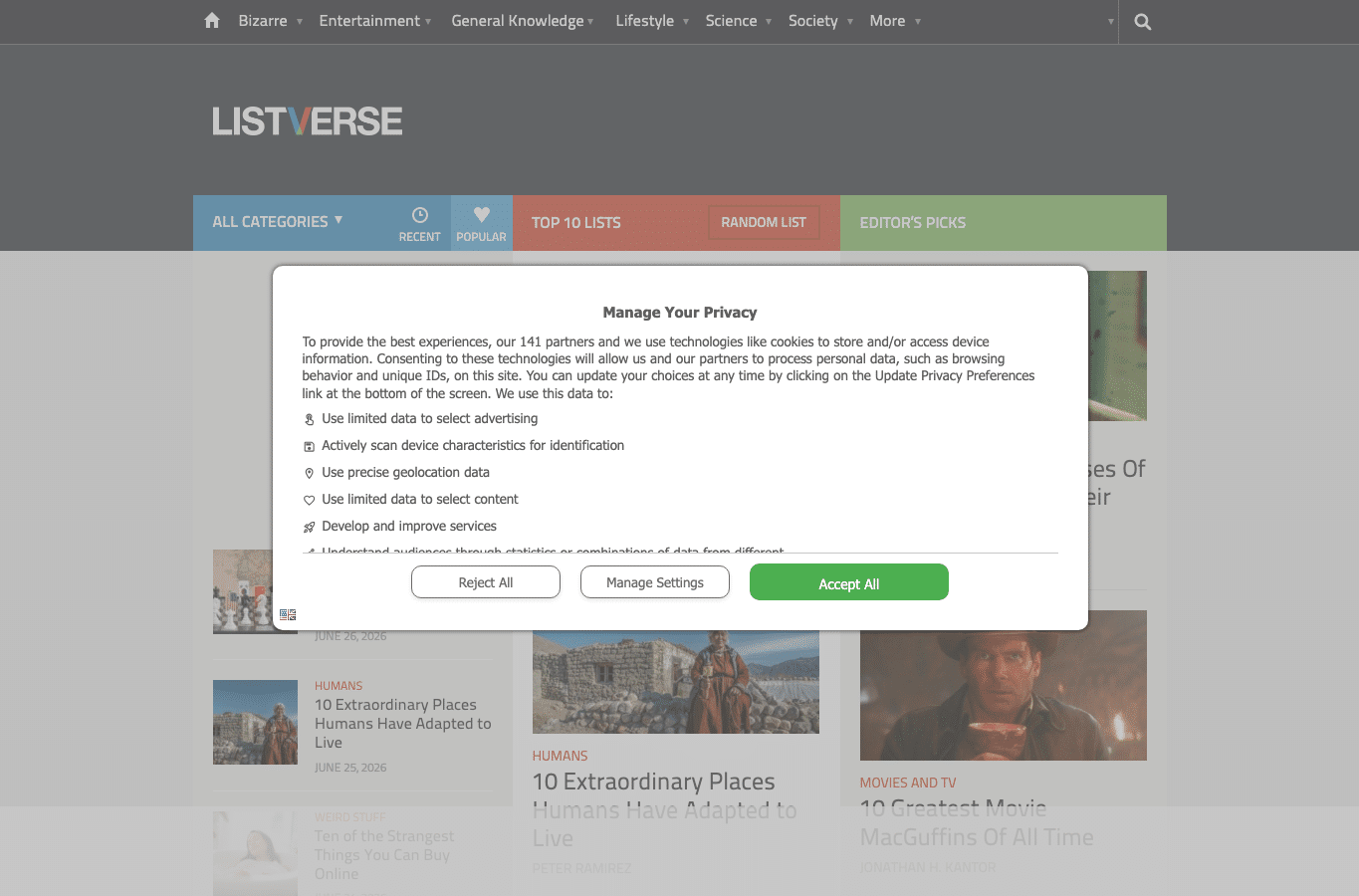 Screenshot preview of listverse.com