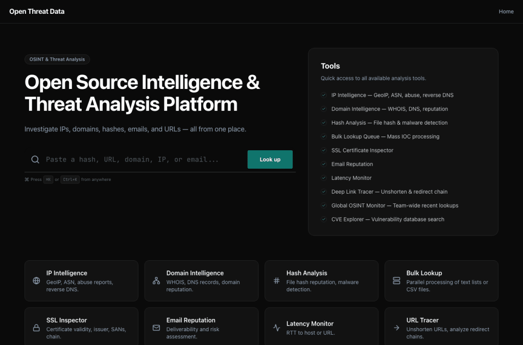 openthreatdata.com homepage screenshot