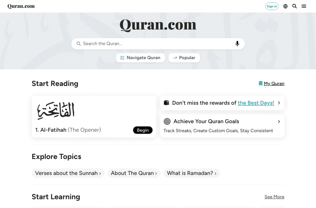 quran.com homepage screenshot