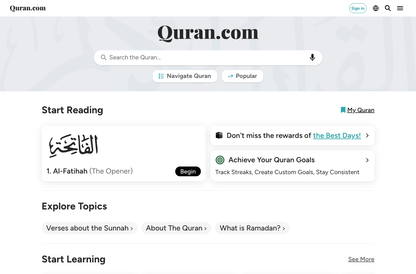 Screenshot preview of quran.com