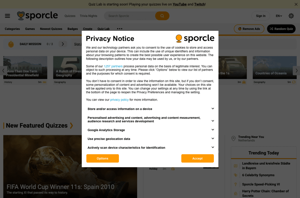 sporcle.com homepage screenshot