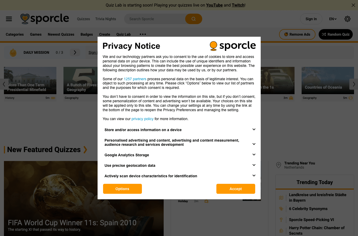 Screenshot preview of sporcle.com