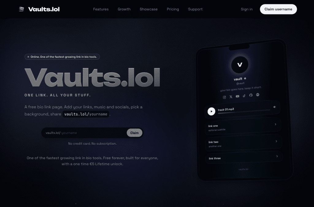 vaults.lol homepage screenshot