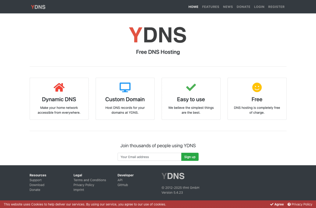 ydns.eu homepage screenshot