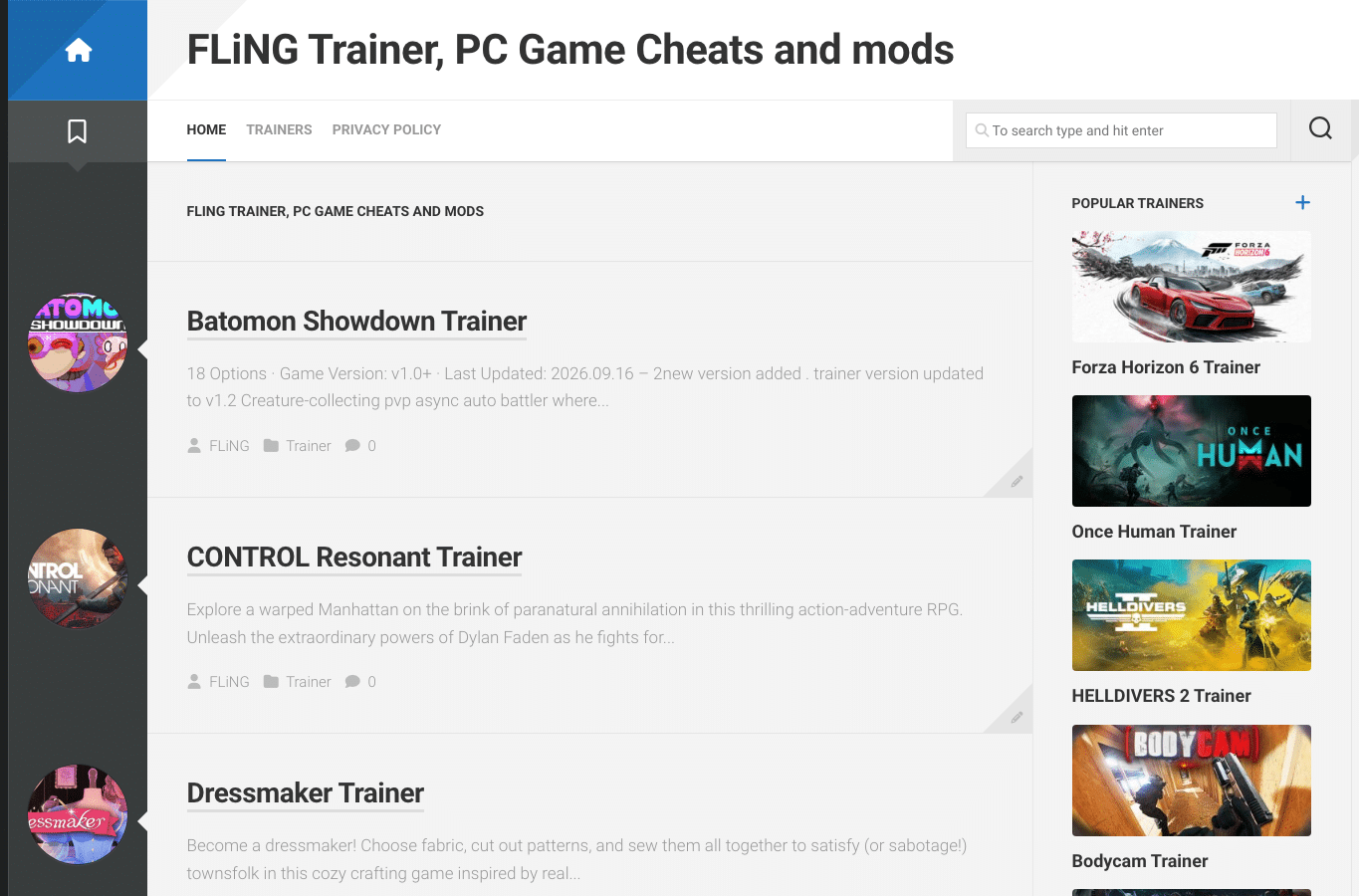 Screenshot preview of flingtrainer.io