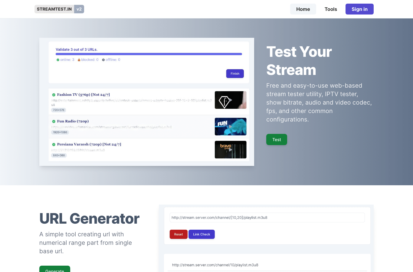 Screenshot preview of streamtest.in