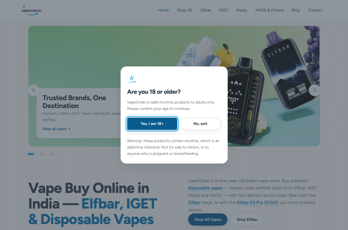 Screenshot preview of vapeorder.in