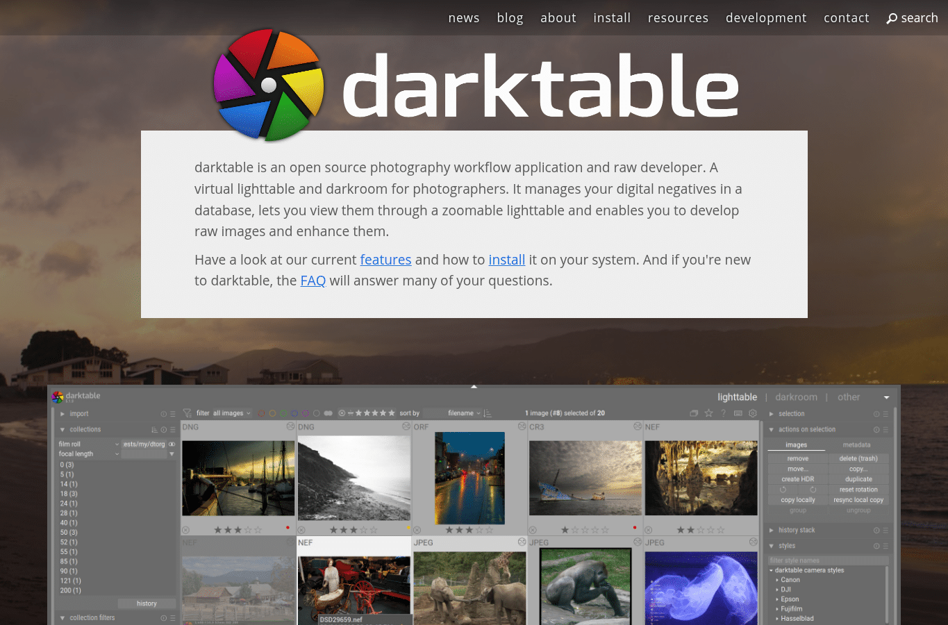 Screenshot preview of darktable.org