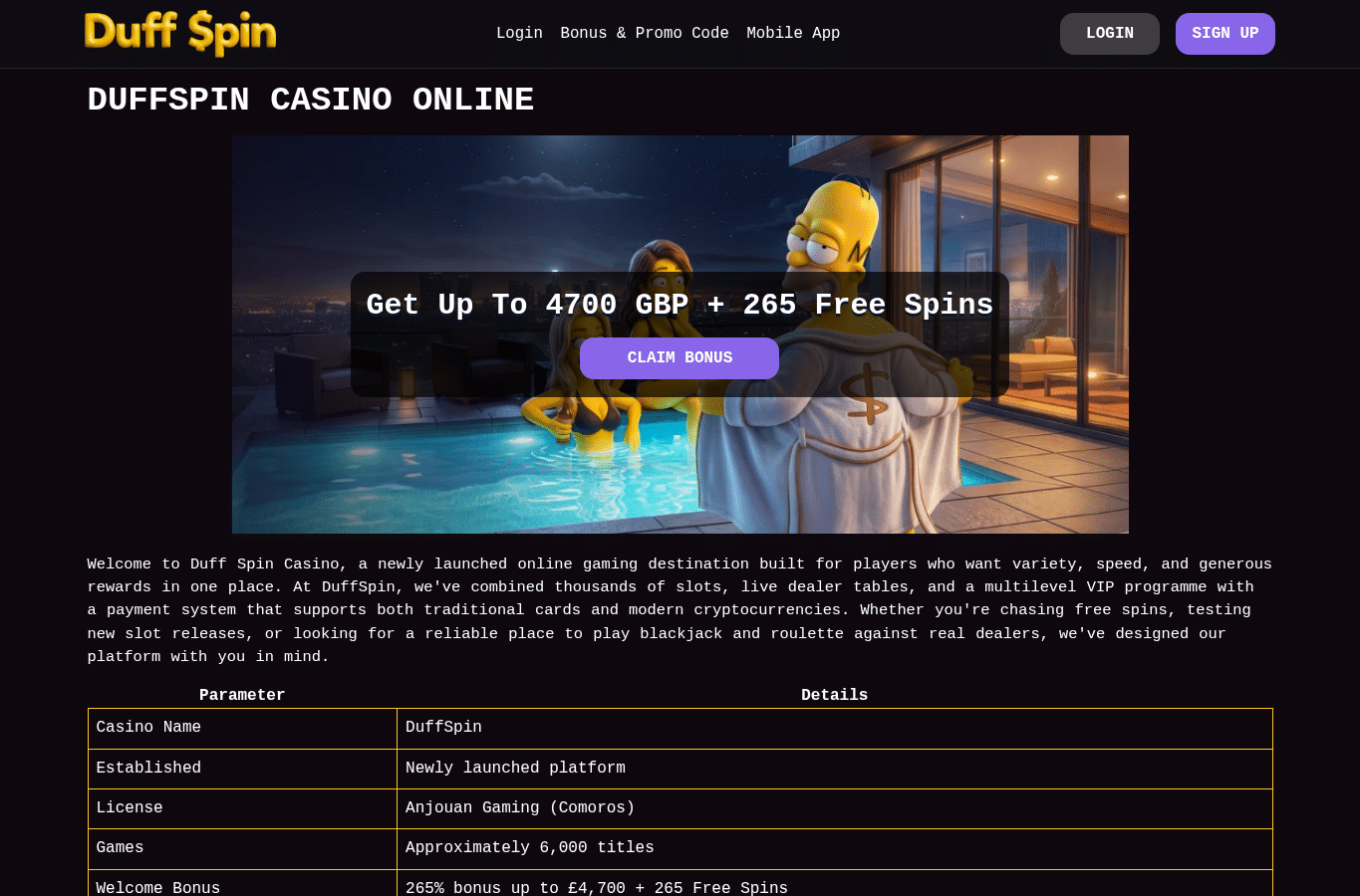 Screenshot preview of duuffspin.uk