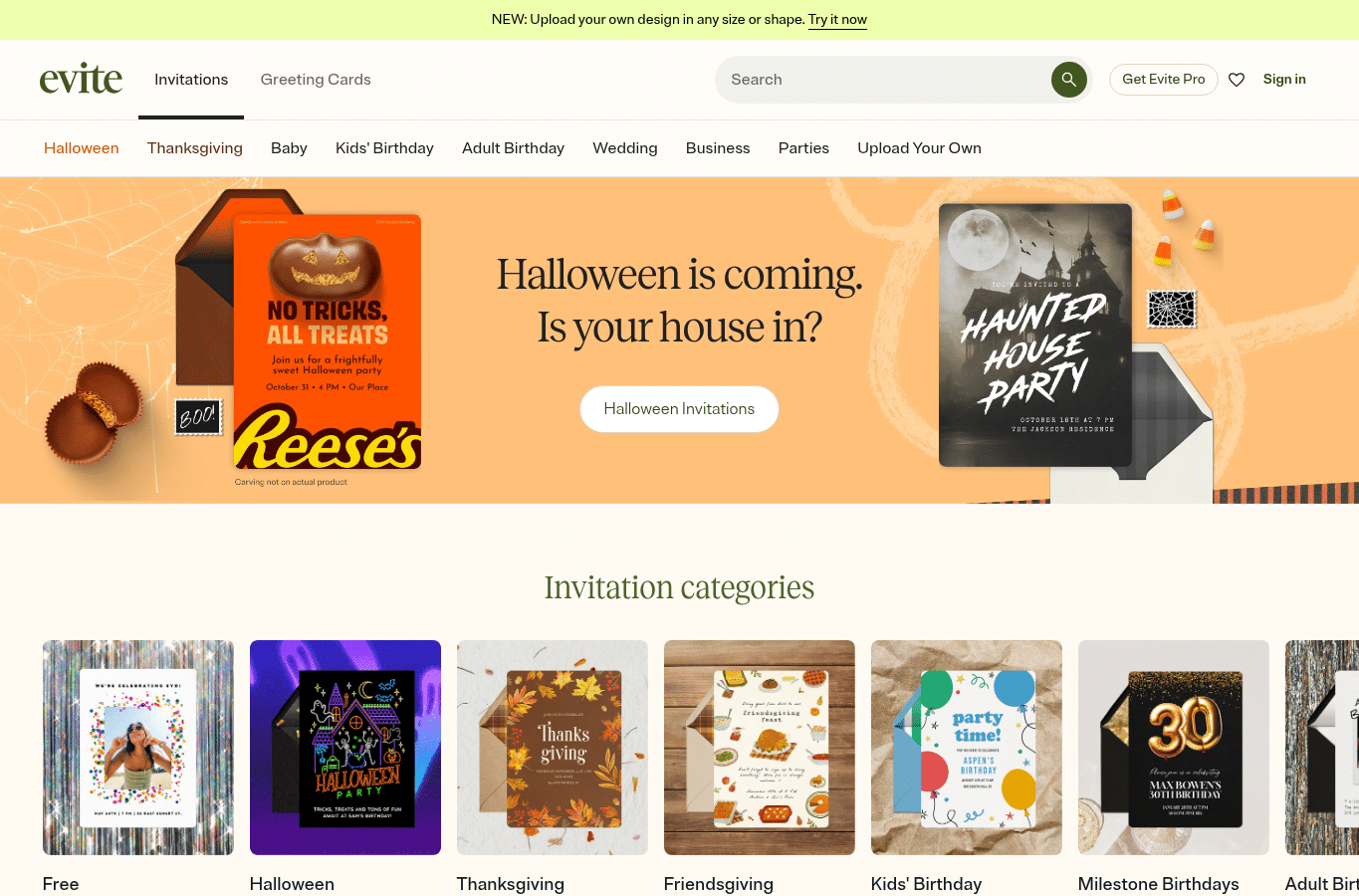 Screenshot preview of evite.com