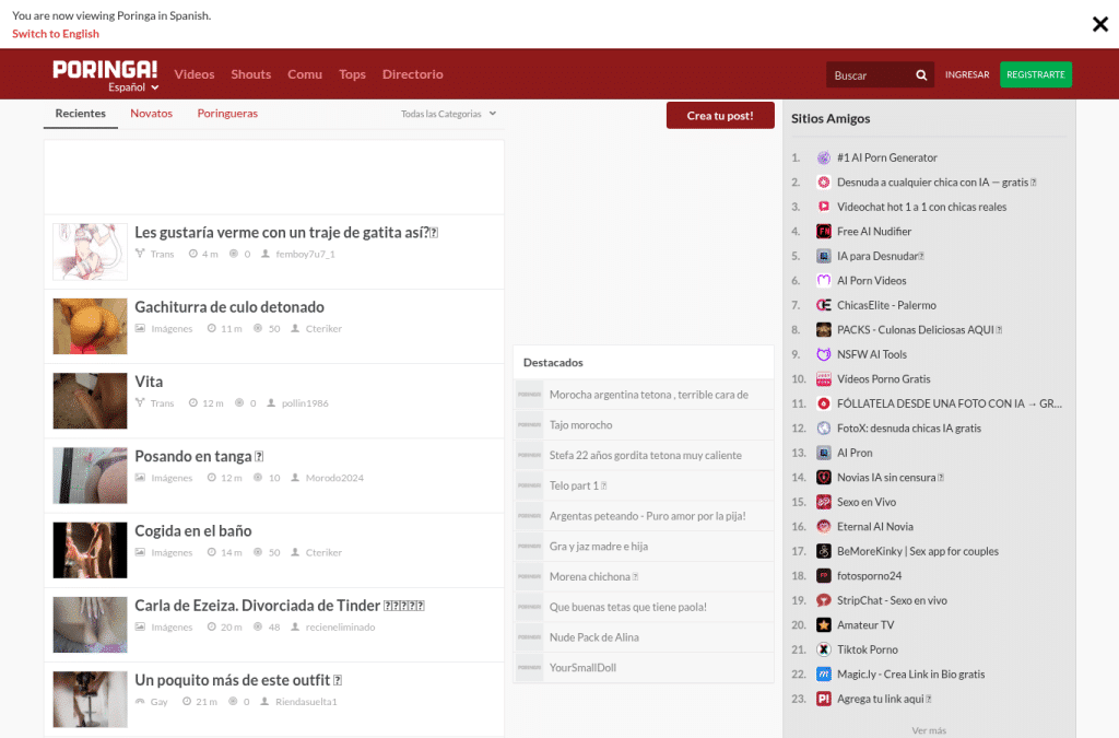 Screenshot preview of poringa.net