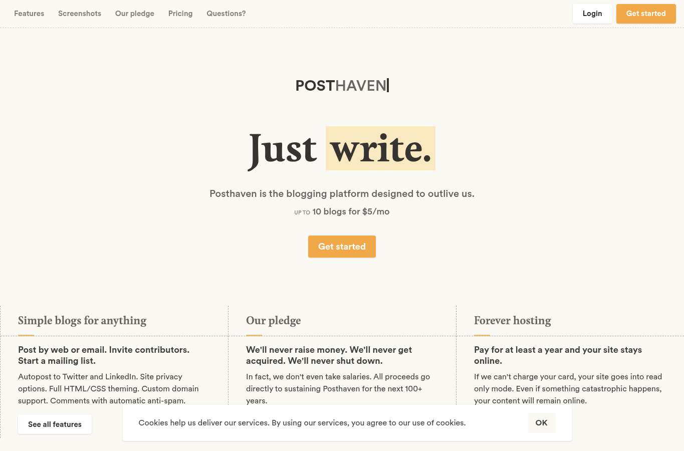 Screenshot preview of posthaven.com
