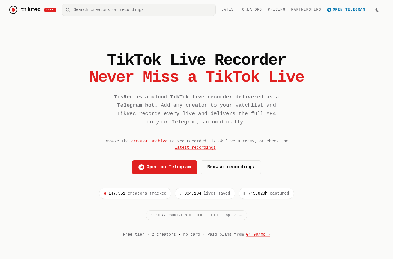 Screenshot preview of tikrec.com